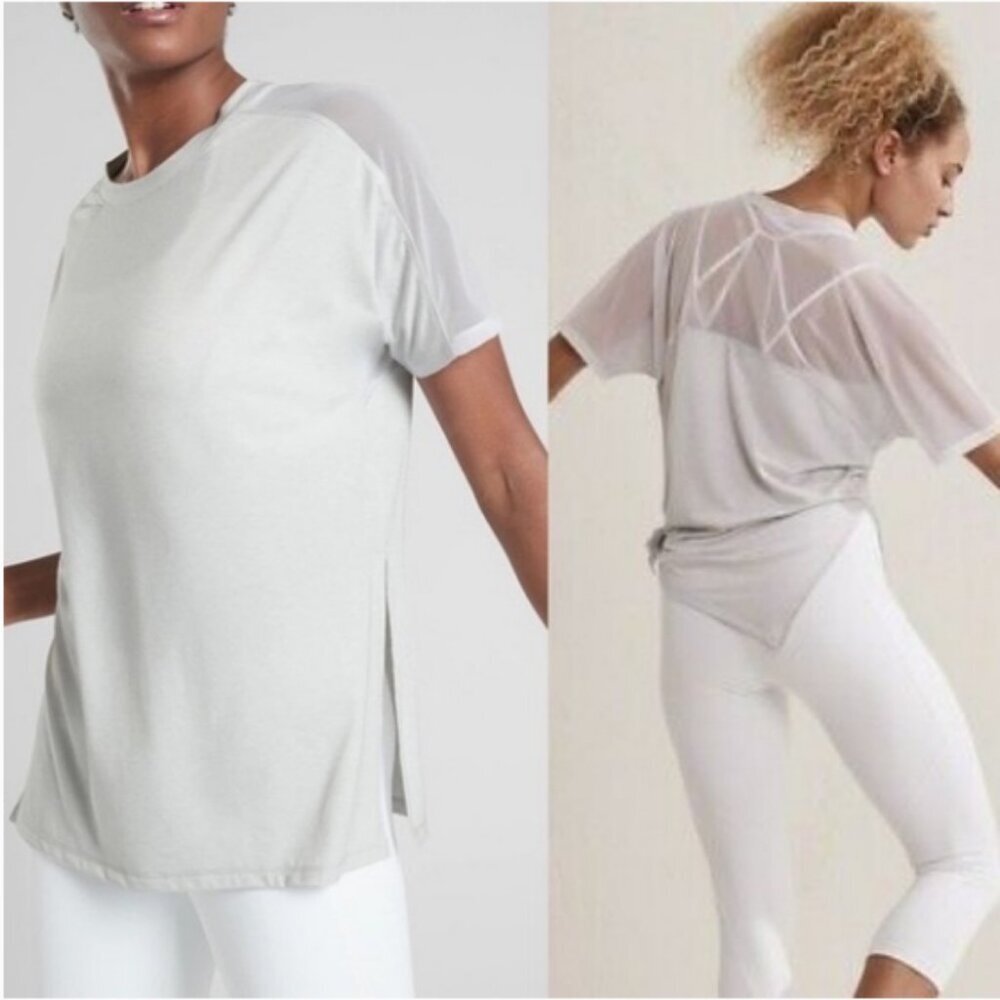 ATHLETA Essence Mesh Hybrid Tee Athletic Soft Lightweight Sheer Accent Slit Side